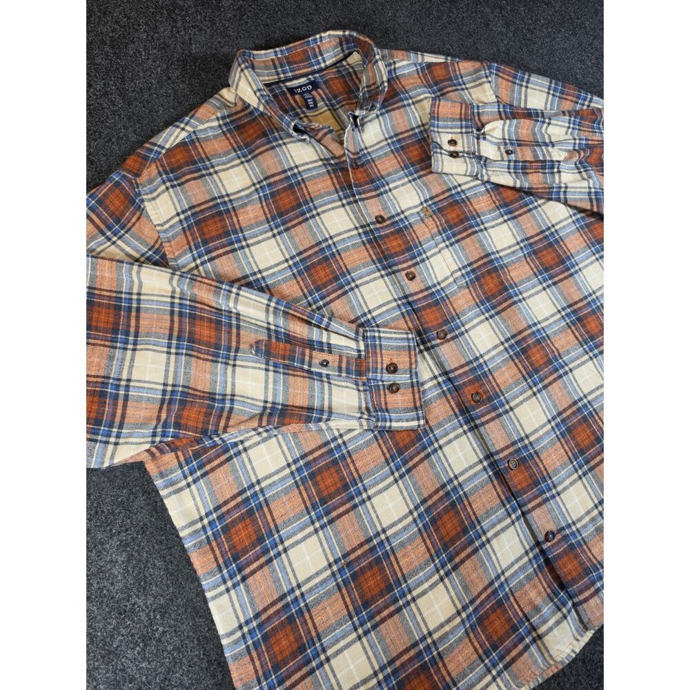 IZOD Flannel Shirt Men's 3XLT Big Tall Rust Blue Plaid Long Sleeve Button Down